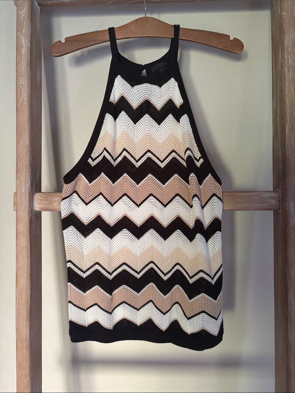 GUESS Chevron Knit Halter Tank Top in Black, White & Beige